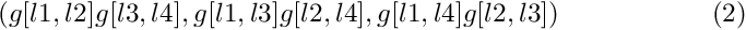 \begin{equation}
( g[l1, l2] g[l3, l4], g[l1, l3] g[l2, l4], g[l1, l4] g[l2, l3] )
\end{equation}